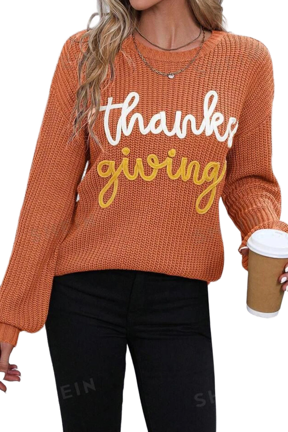 Flame Thanksgiving Letter Graphic Crew Neck Sweater