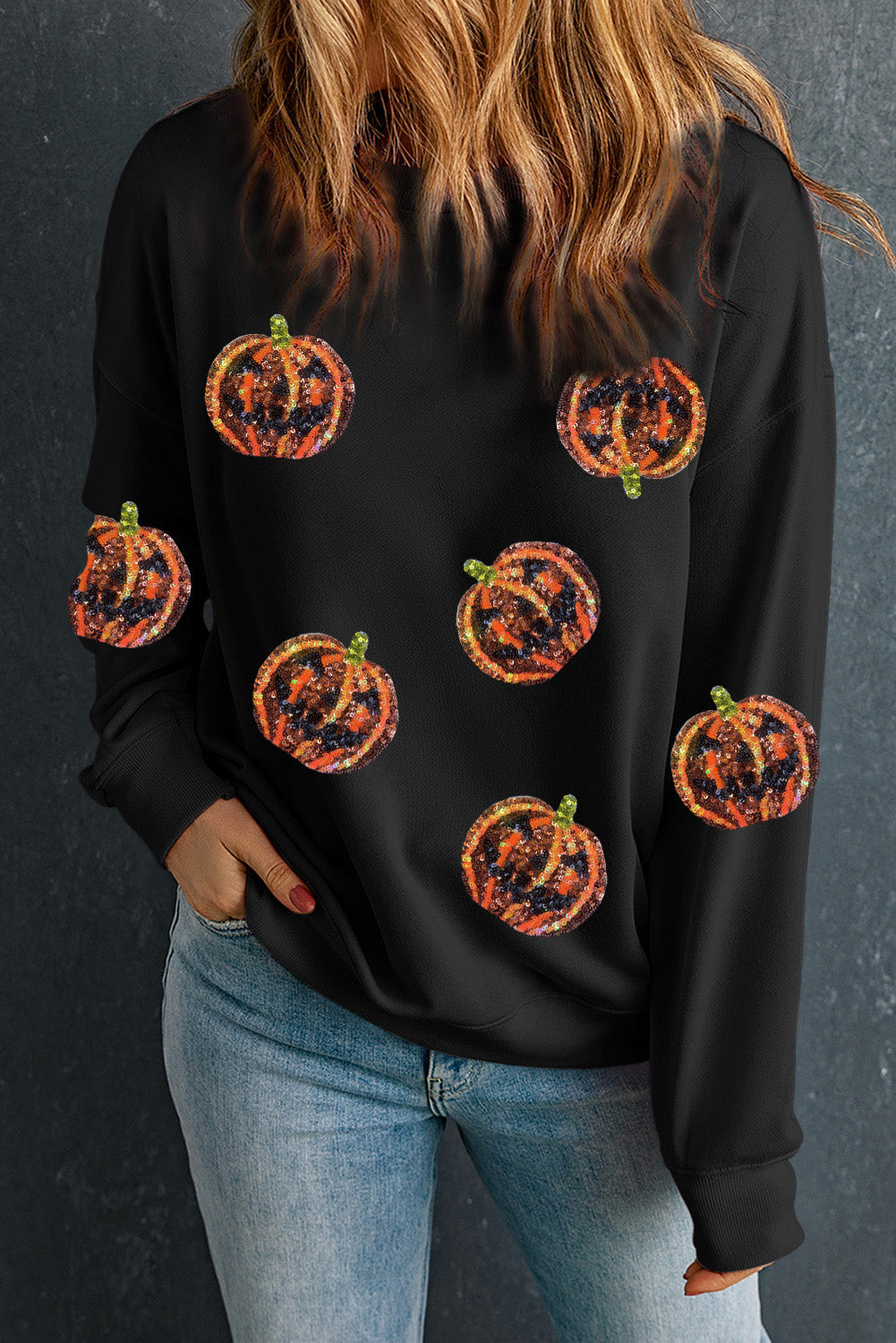 White Sequin Halloween Pumpkin Graphic Pullover Sweatshirt