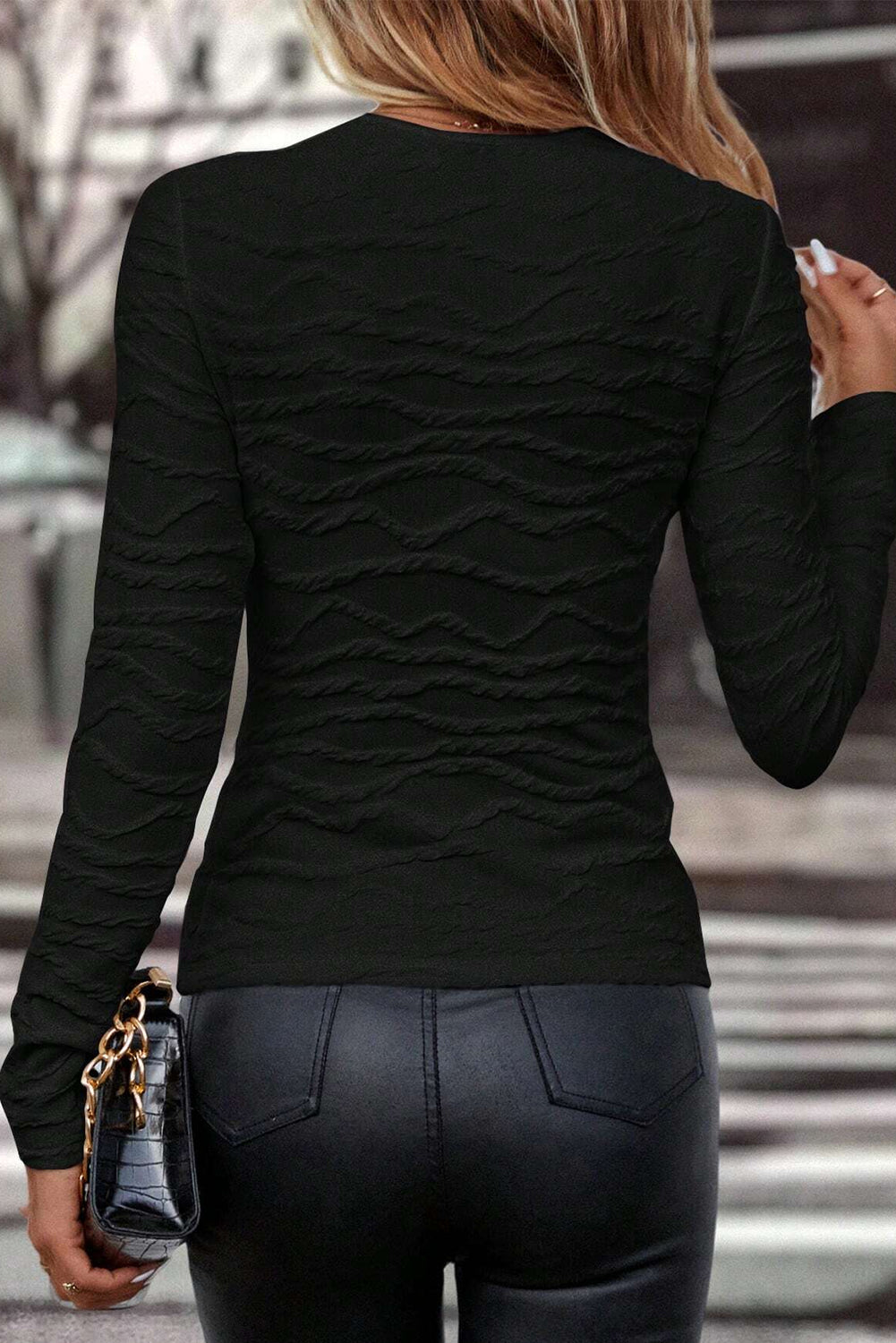 Plain Wavy Textured Slim Fit Long Sleeve Top