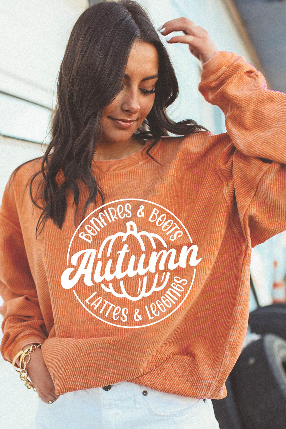 Orange Autumn Pumpkin Graphic Print Corded Oversized Sweatshirt