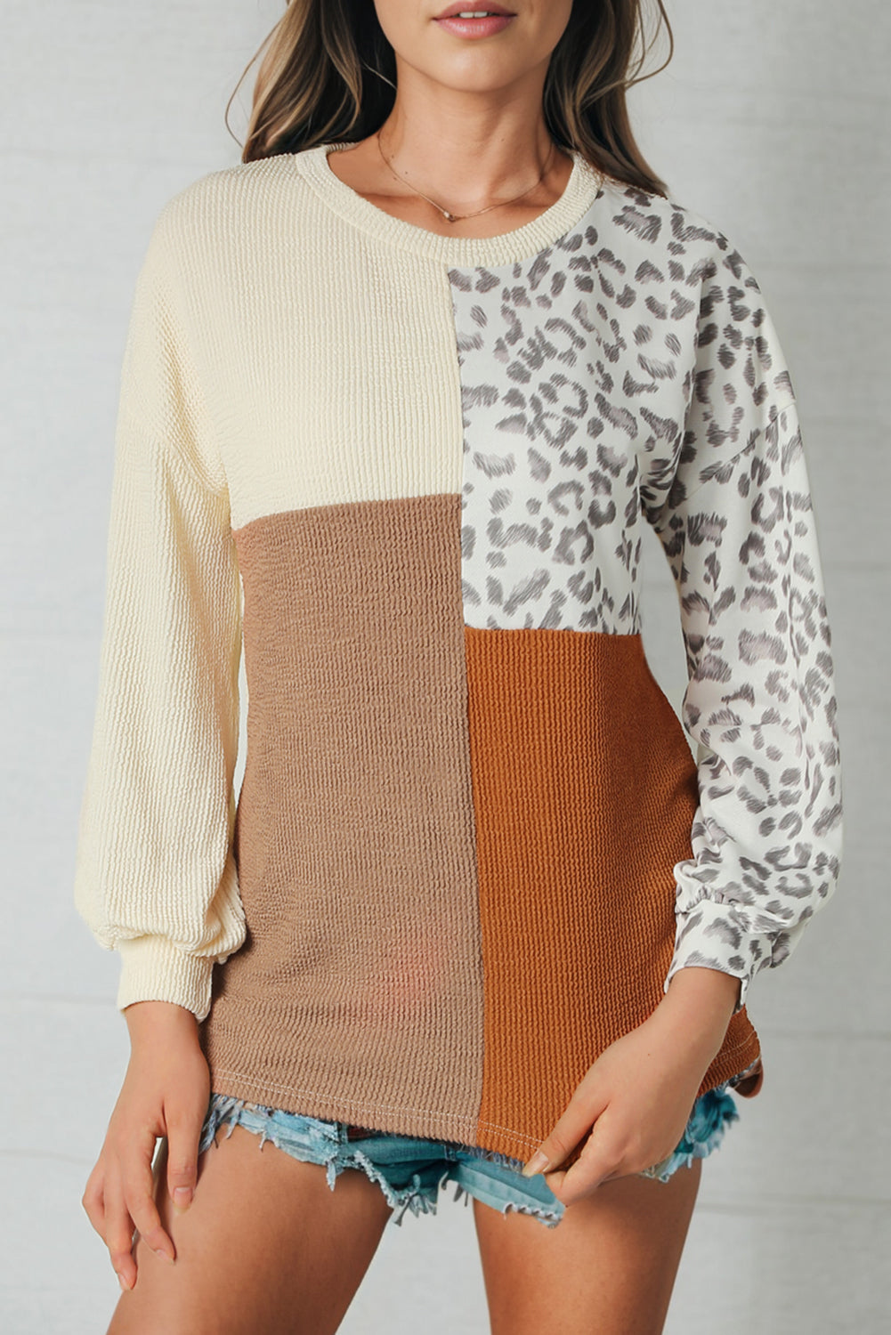 Leopard Patchwork Color Block Ribbed Long Sleeve Top