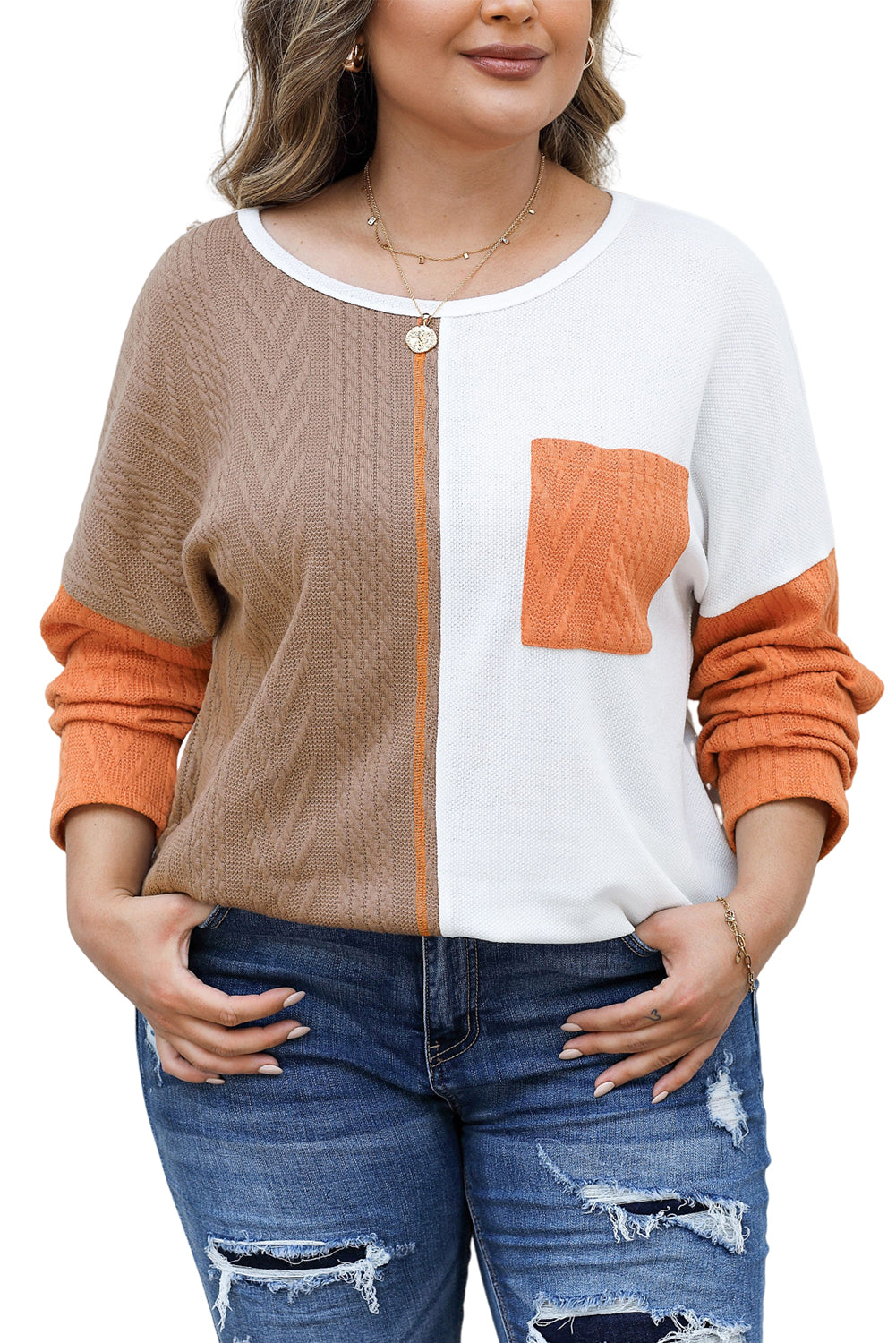 Black Long Sleeve Colorblock Chest Pocket Textured Knit Top