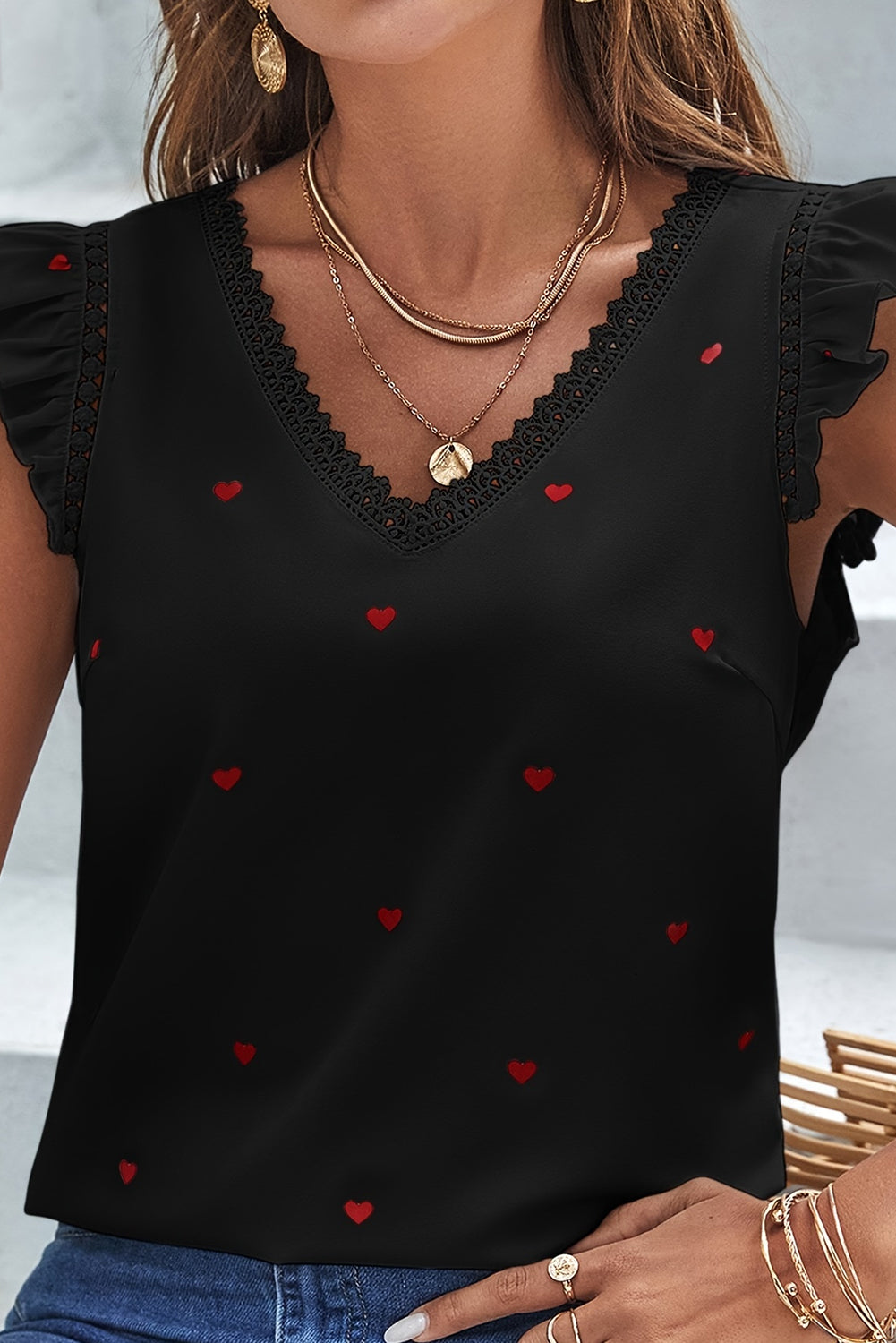 Black V-neck Lace Detail Heart Print Sleeveless Top