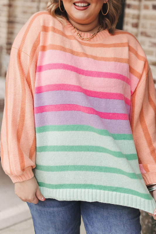 Stripe Color Block Balloon Sleeve Crewneck Plus Size Sweater