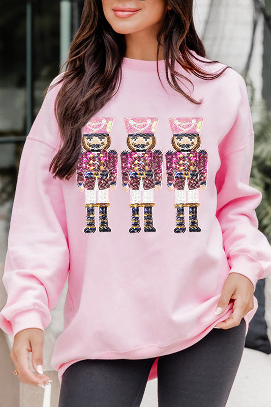 Pink Sequin Christmas Nutcracker Graphic Pullover Sweatshirt