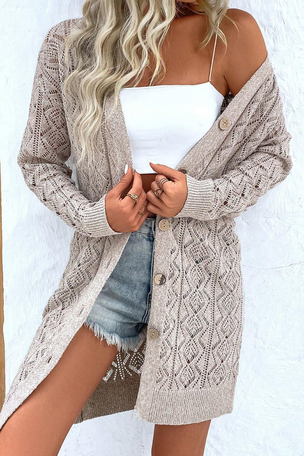 Hollow Out Button Front Long Cardigan