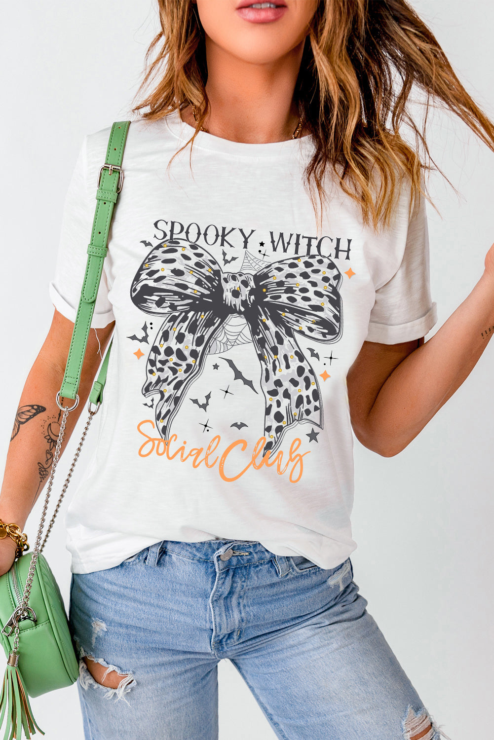 Halloween SPOOKY WITCH Leopard Bowknot Bat GraphicT Shirt