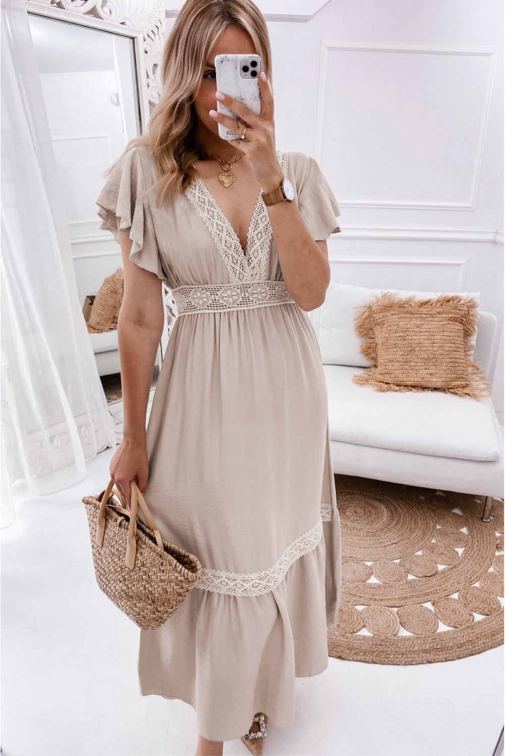 Lace V Neck Ruffled Sleeve Empire Waist Dress