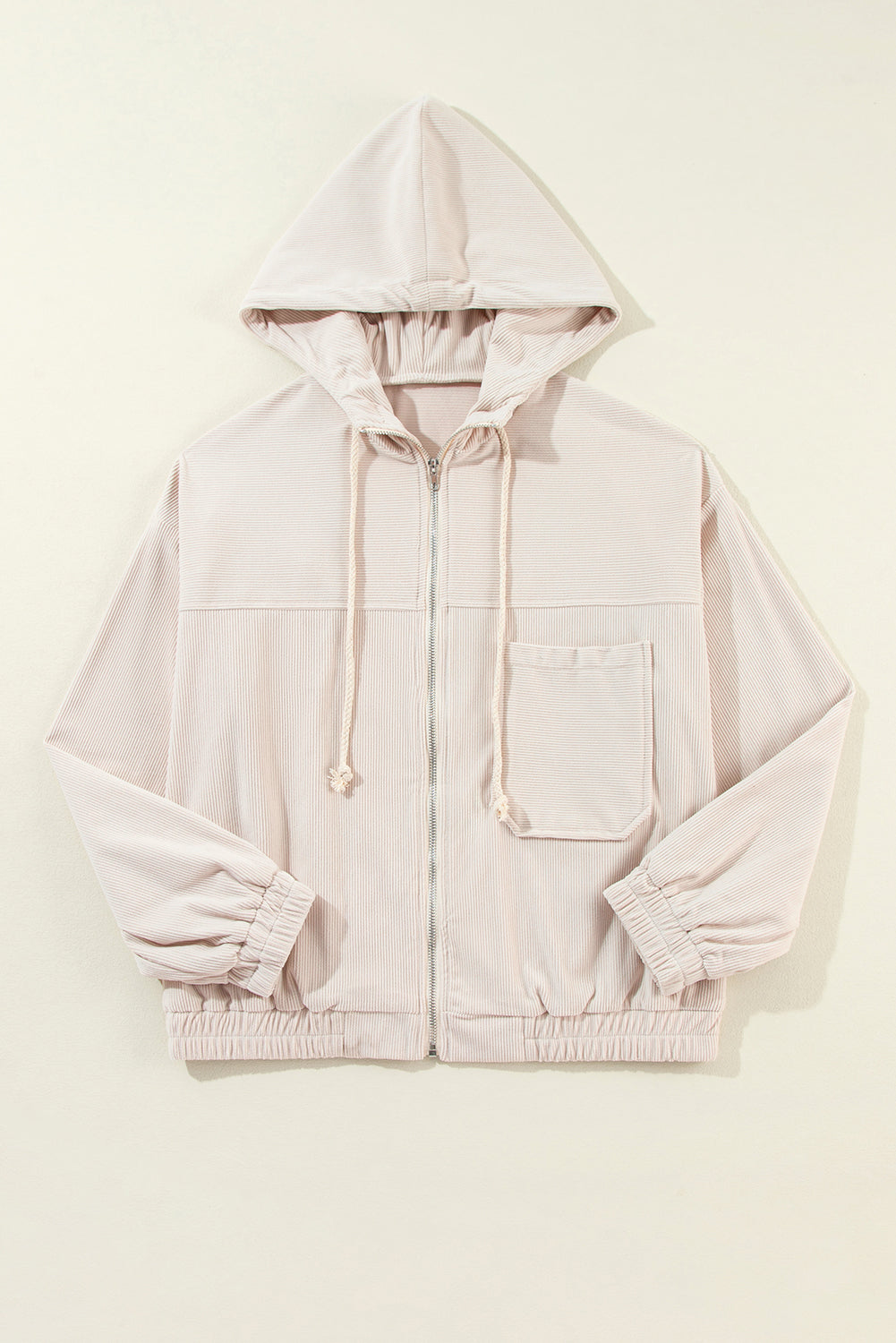 Corduroy Drawstring Hooded Pocket Zip Up Jacket