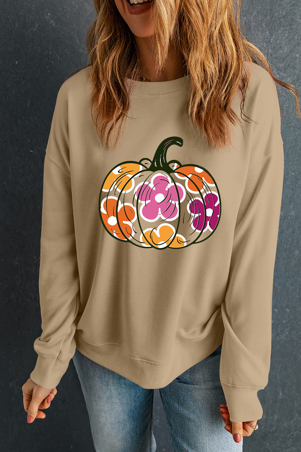 Halloween Floral Pumpkin Graphic Drop Shoulder Sweatshirt