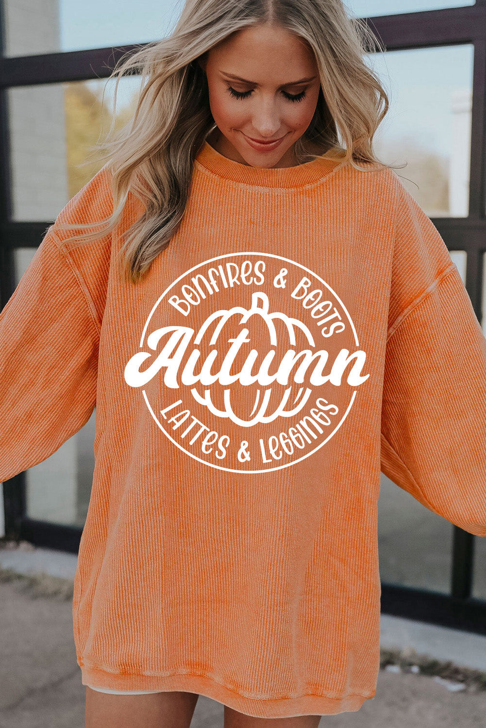 Pumpkin Graphic Print Corded Oversized Sweatshirt