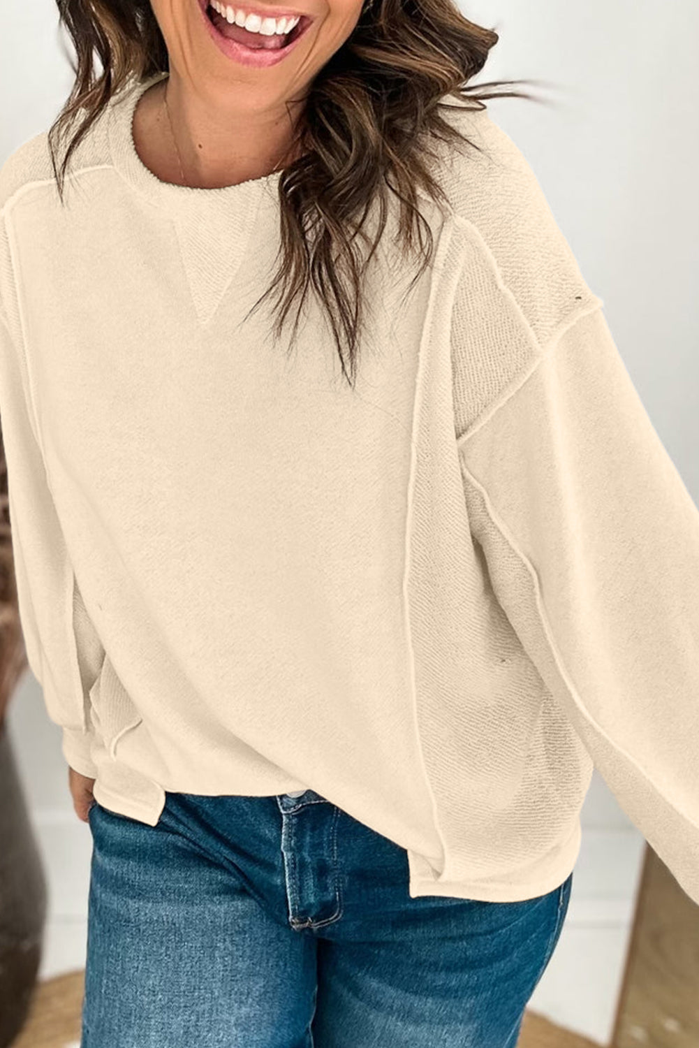 Plain Exposed Seam Round Neck Pullover Sweatshirt