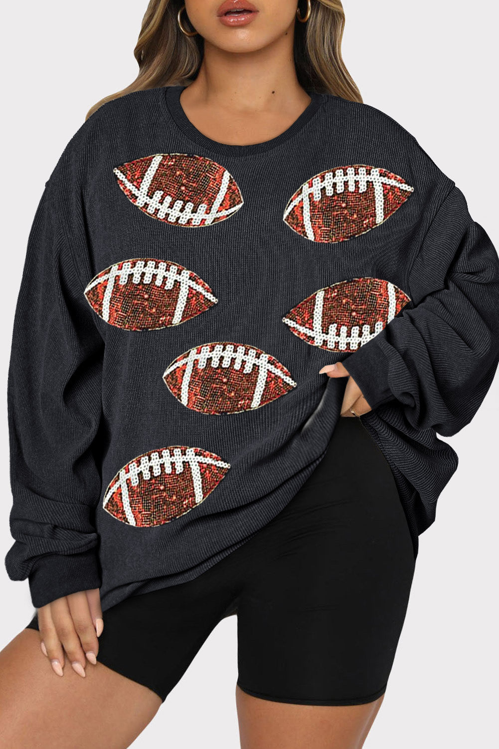 Plus Size Corded Sequin Rugby Graphic Drop Shoulder Sweatshirt