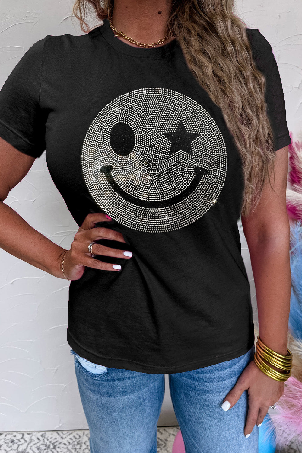 Sparkle Rhinestone Smiley Face Graphic T Shirt