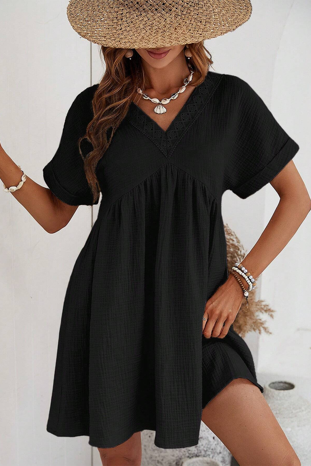 Folded Short Sleeve Lace V Neck Mini Dress