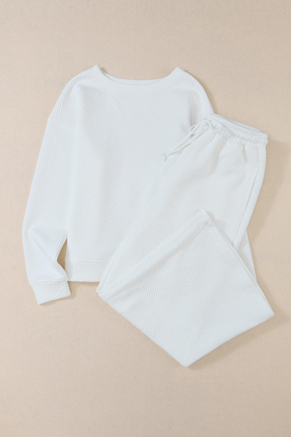 White Textured Long Sleeve Top and Drawstring Shorts Set