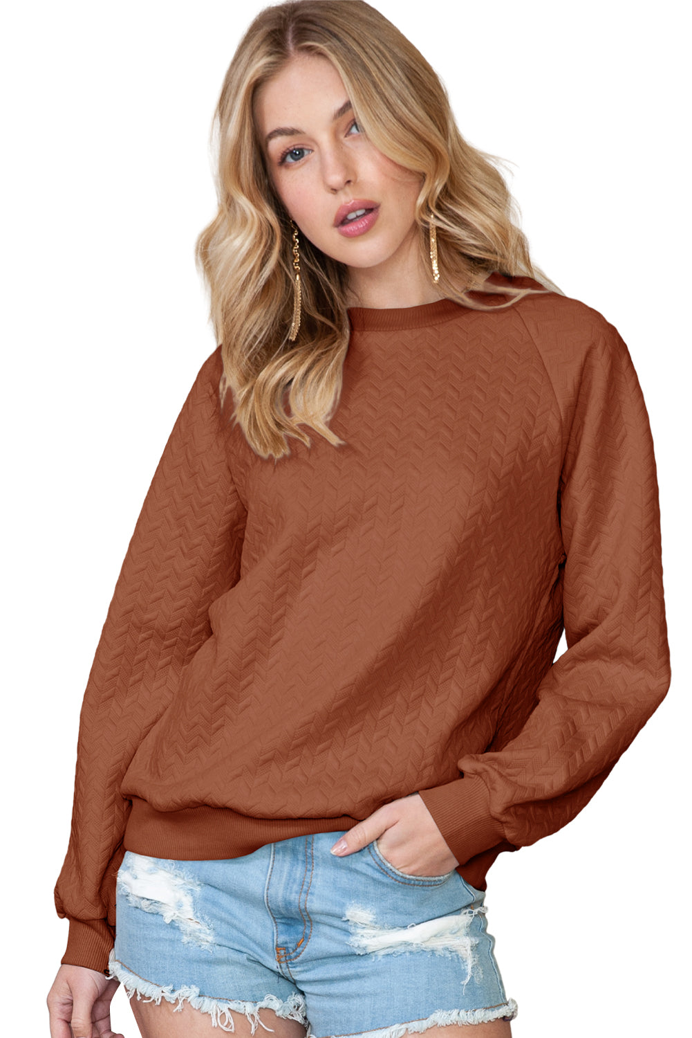 Solid Color Textured Raglan Sleeve Pullover Sweatshirt