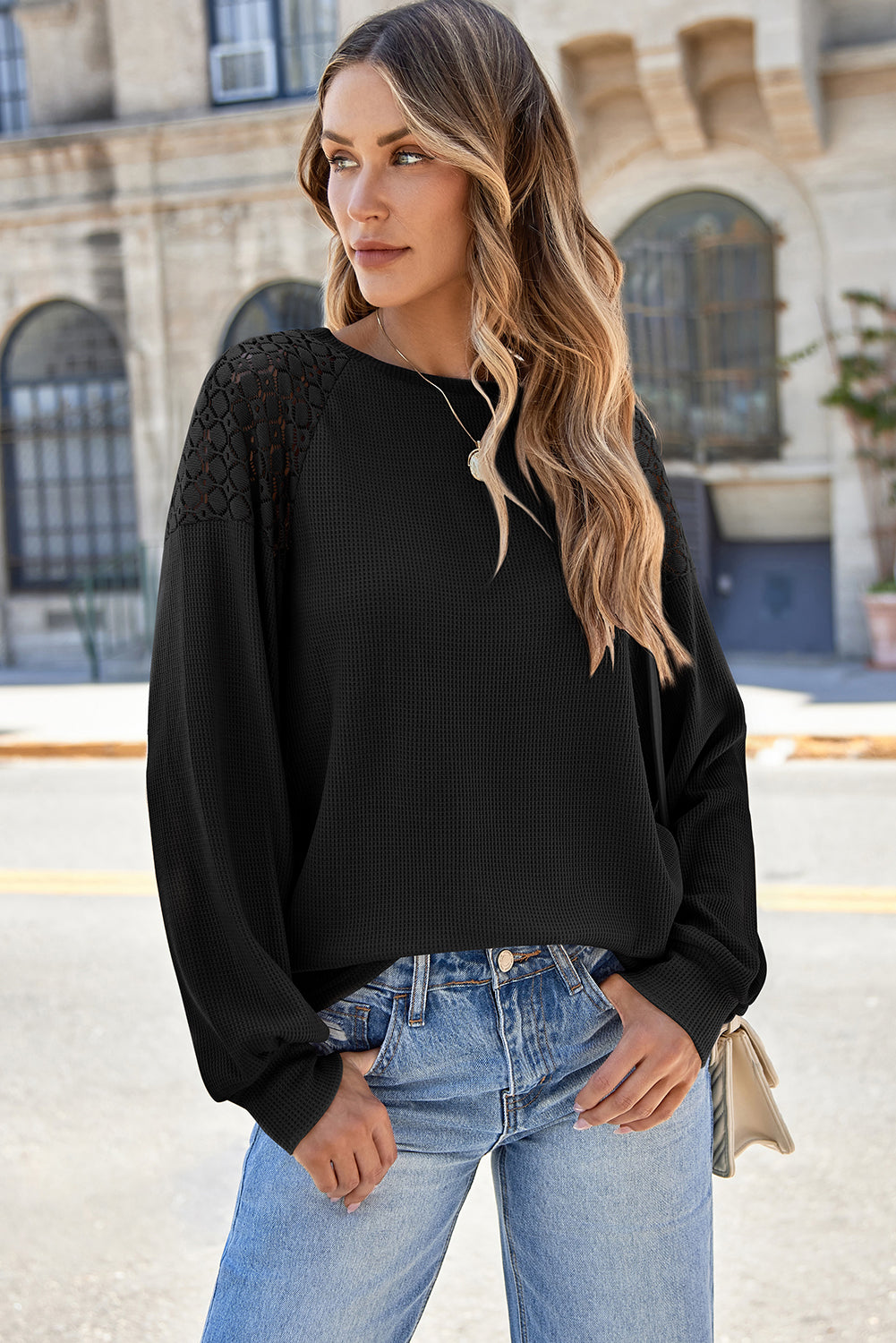 Lace Long Sleeve Textured Pullover