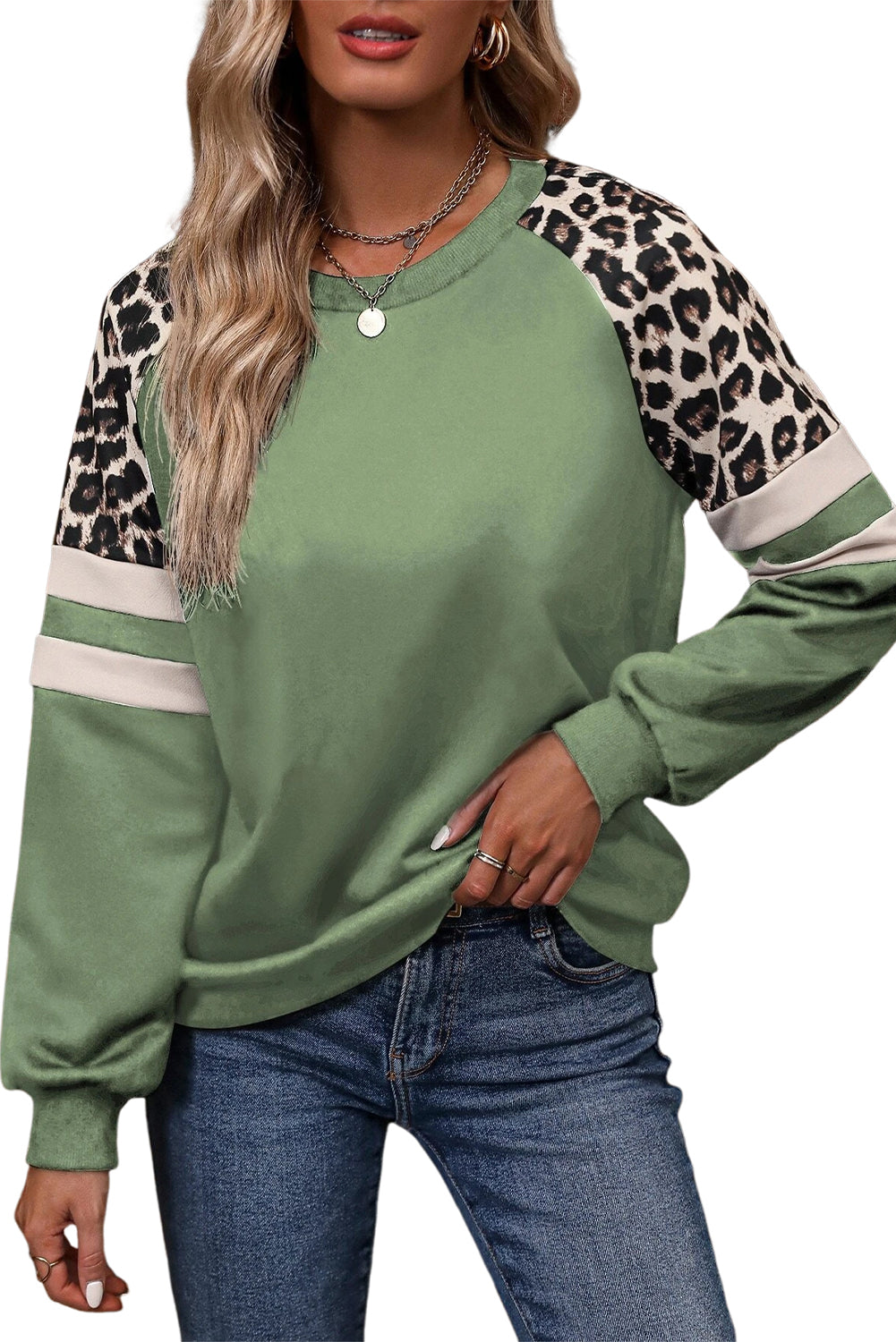 Leopard Print Patchwork Raglan Sleeve Sweatshirt