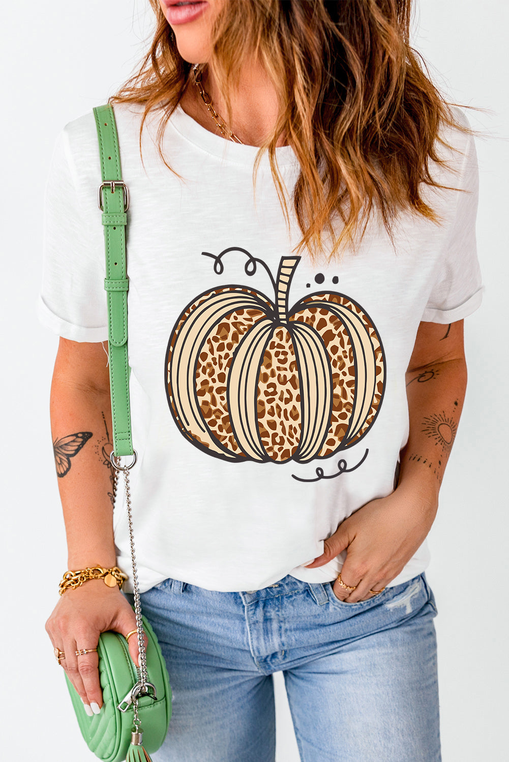 Halloween Leopard Pumpkin Graphic Crewneck T Shirt