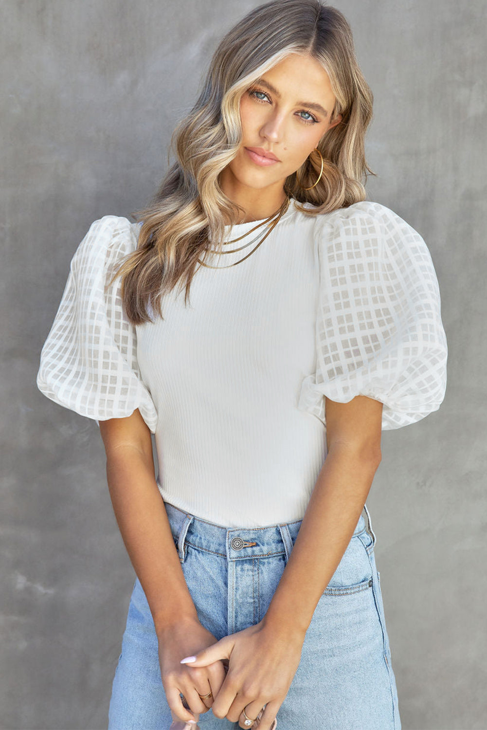White Checkered Puff Sleeve Ribbed Knit Top