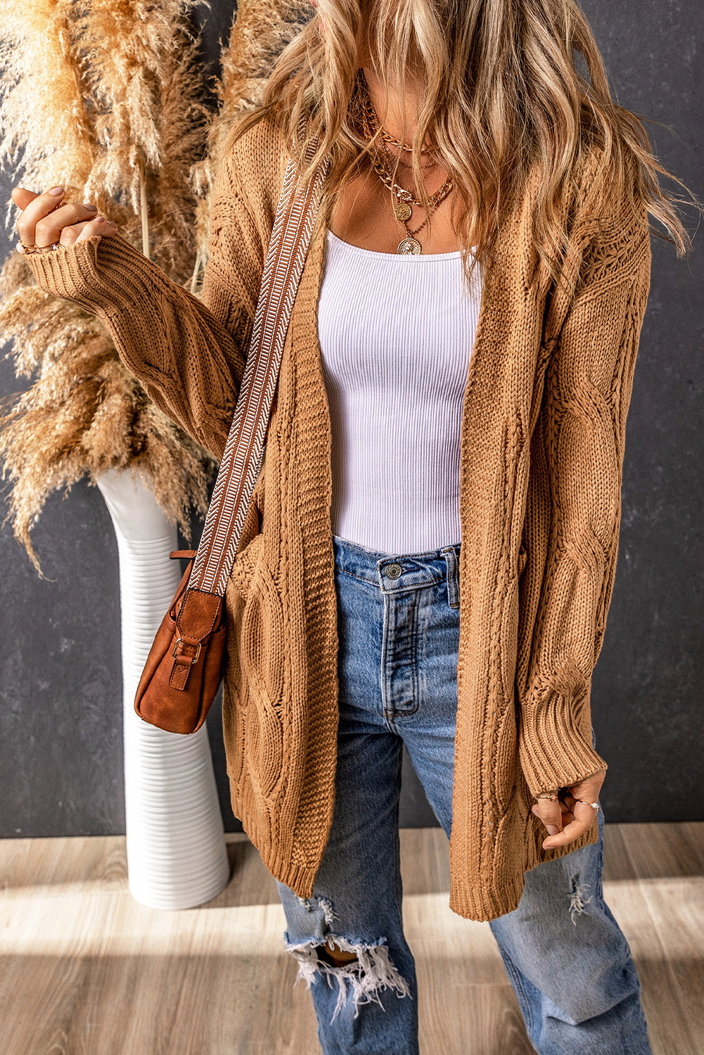 Ribbed Trim Eyelet Cable Knit Cardigan