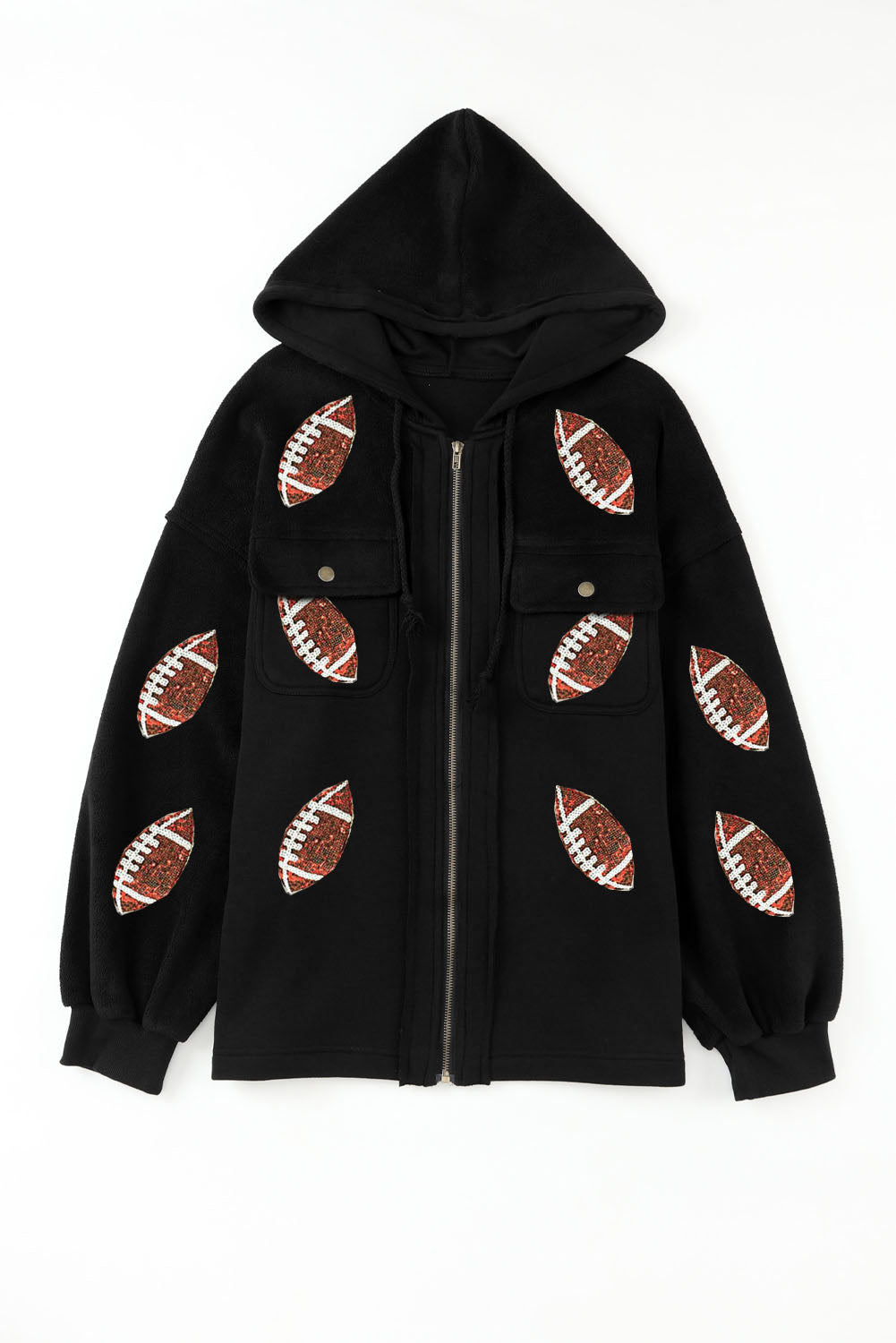 Sequined Rugby Graphic Pocketed Zipper Hooded Jacket