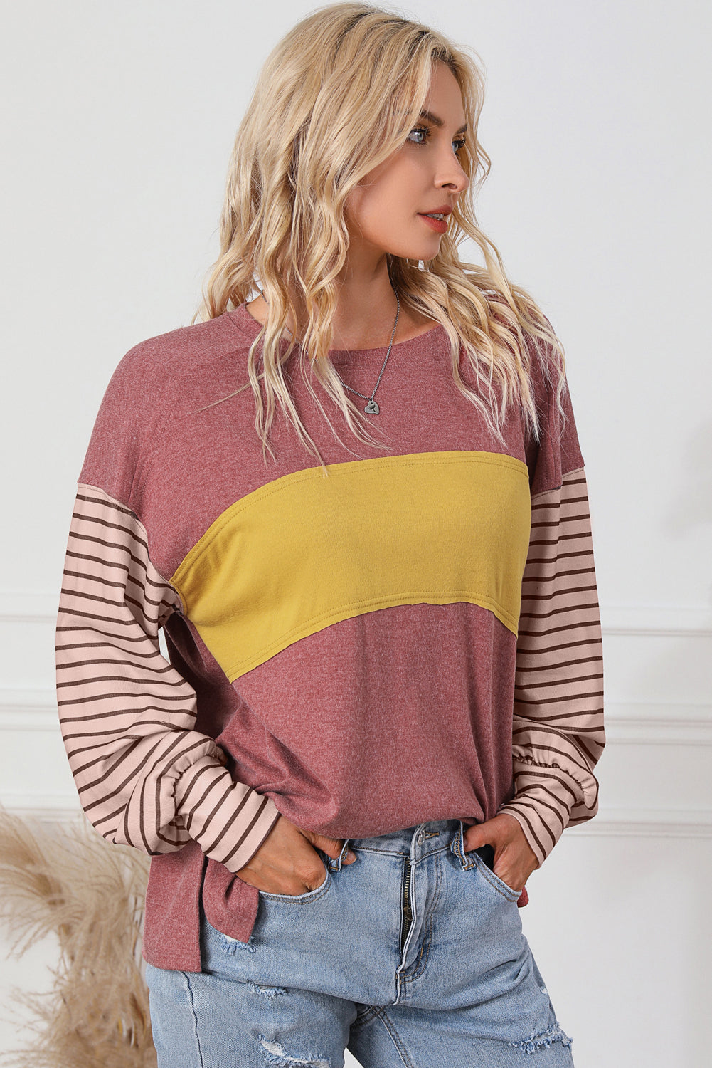 Colorblock Striped Bishop Sleeve Top