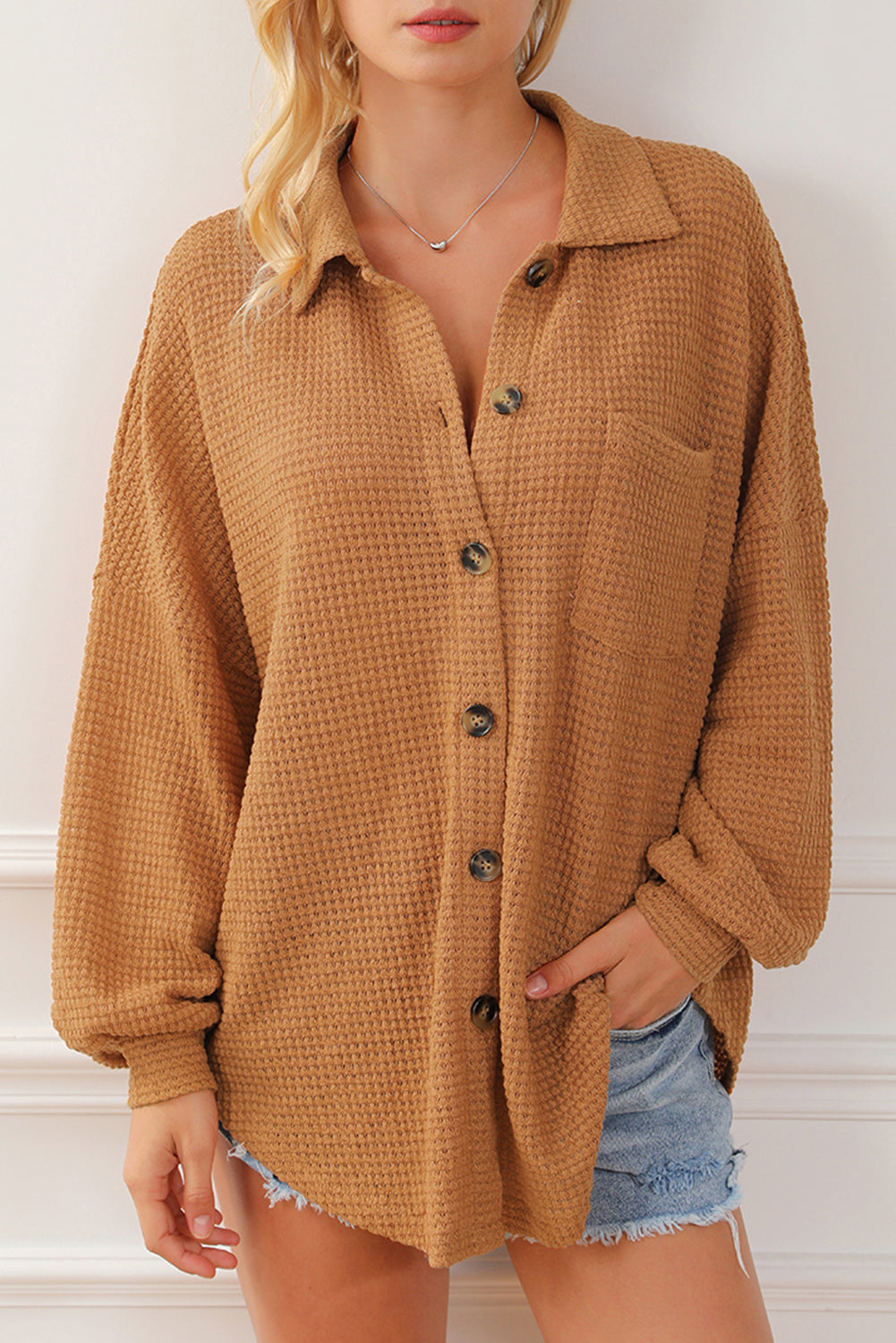 Plus Size Chest Pocket Waffle Knit Shirt