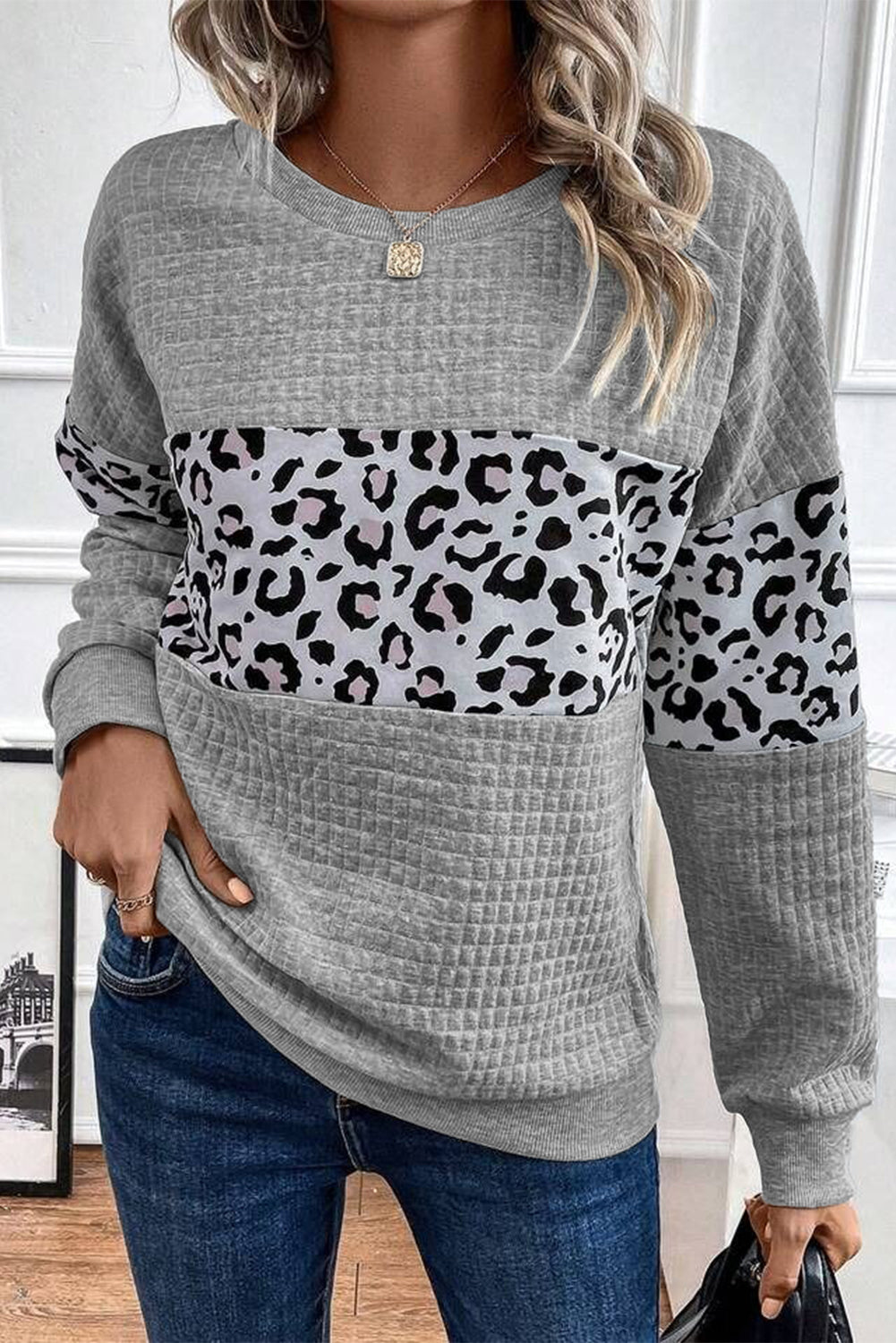 Gray Leopard Quilted Patchwork Pullover Sweatshirt