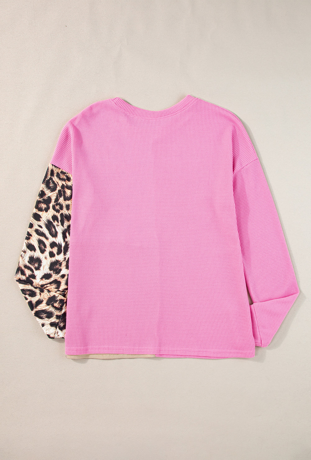 Casual Waffle Knit Leopard Contrast Long Sleeve Top