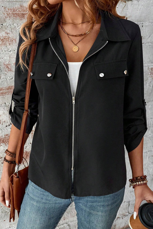 Collar Tab Sleeve Zip Up Jacket