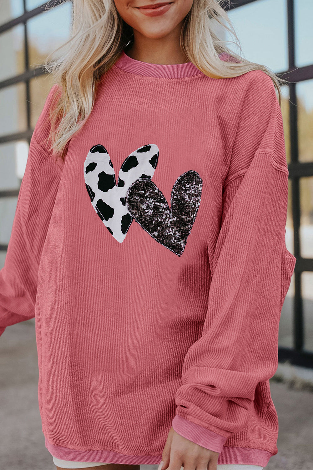 Strawberry Pink Leopard Sequin Heart Graphic Corded Sweatshirt