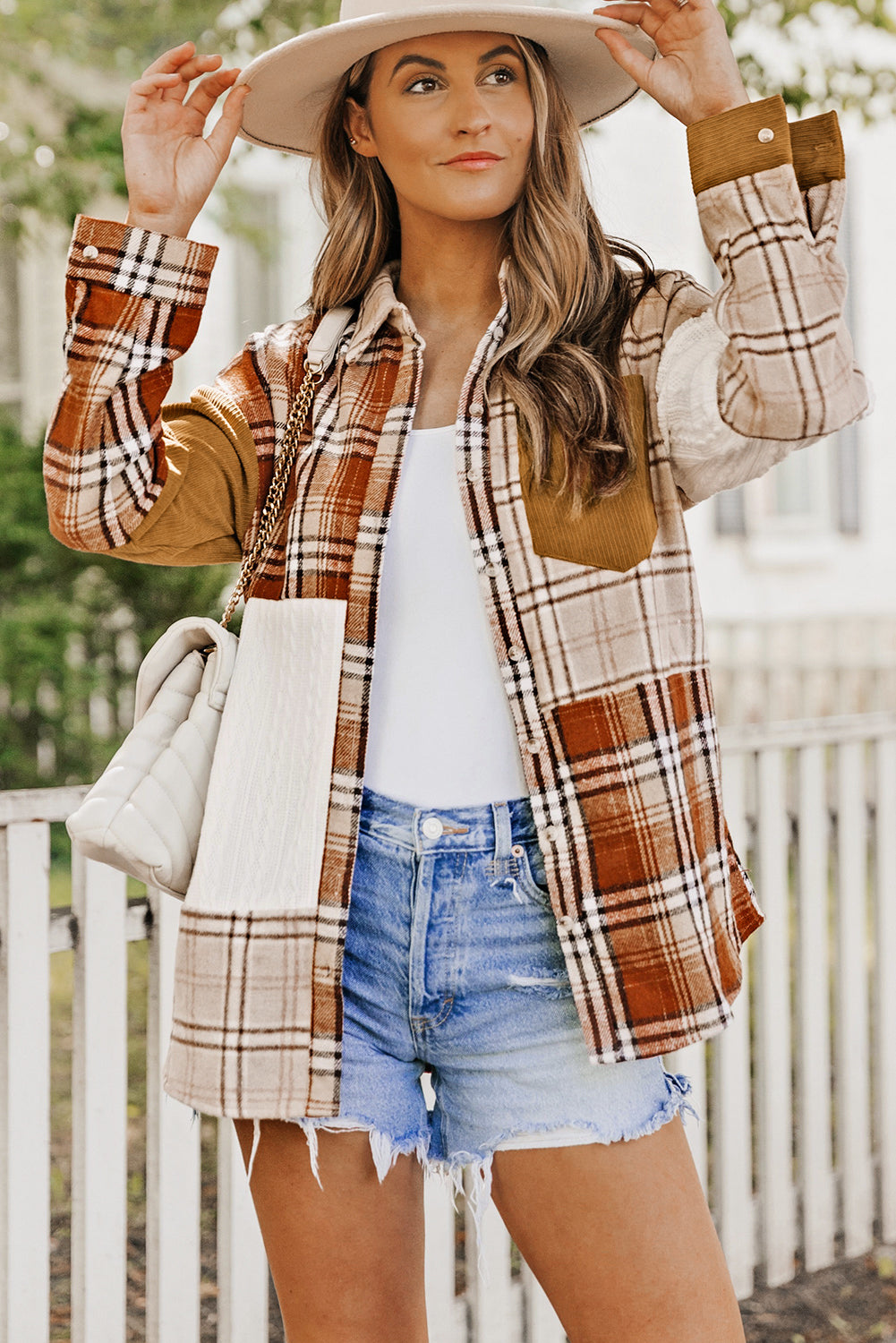 Brick Plus Size Plaid Patchwork Button up Shacket