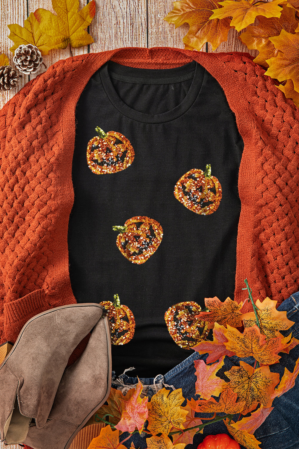 Halloween Sequin Pumpkin Face Graphic T Shirt