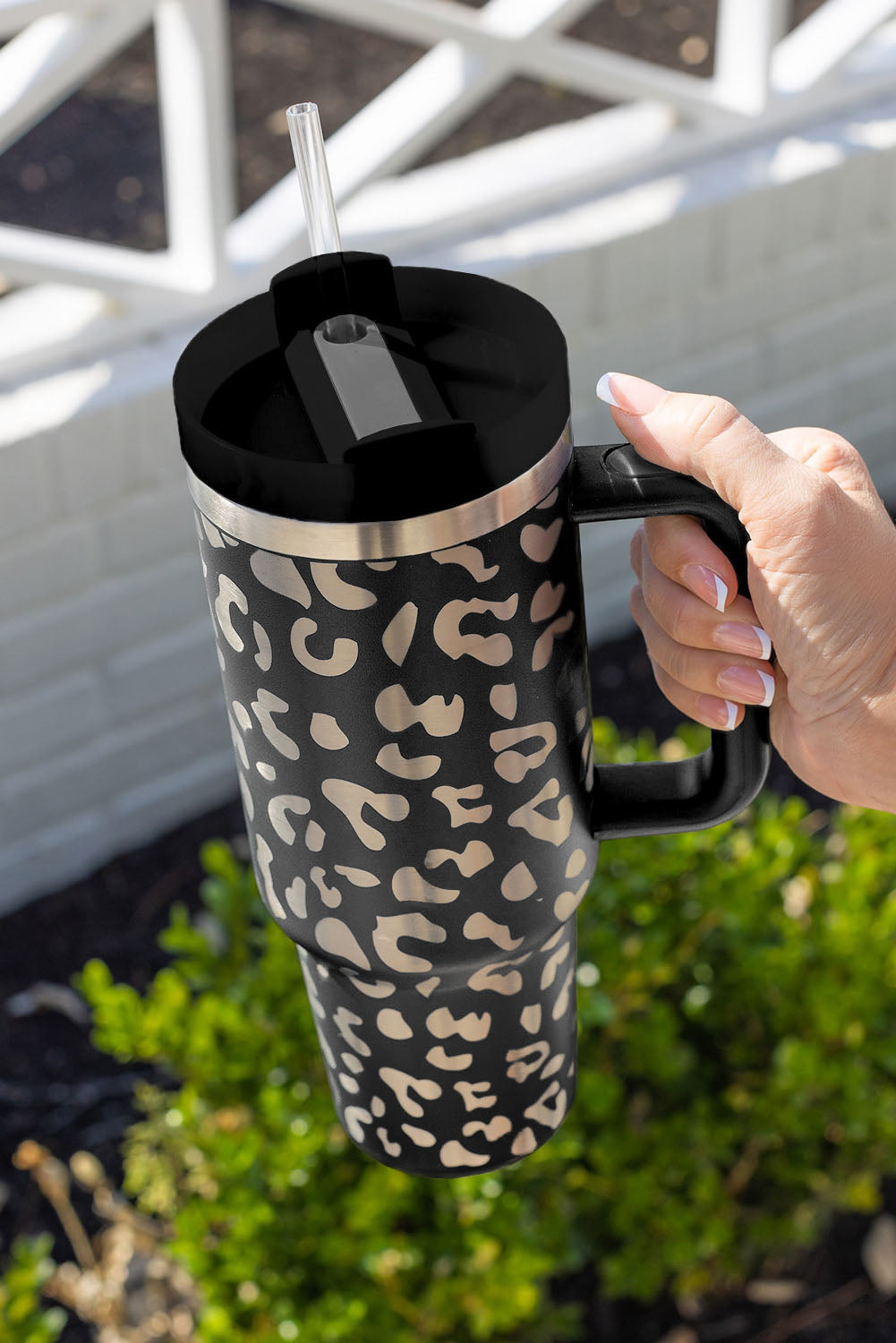 Black Leopard Print 40OZ Stainless Steel Portable Cup with Handle