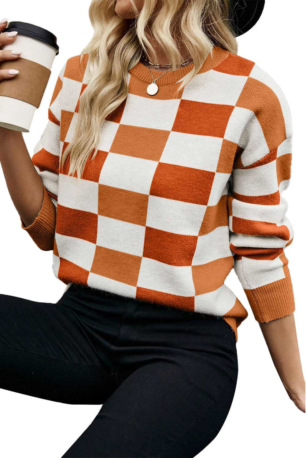 Checkered Crew Neck Drop Shoulder Knit Sweater