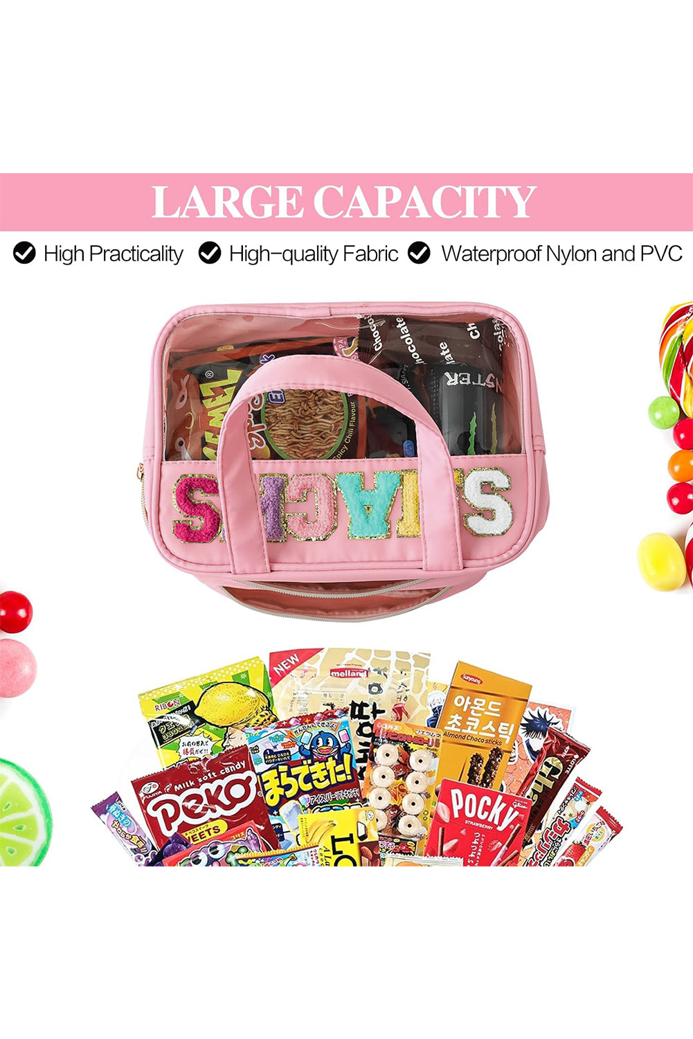 Pink SNACKS Clear PVC Double Layered Portable Makeup Bag