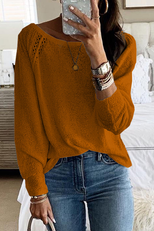 Brown Long Sleeve Cutout Shoulder Relaxed Sweater