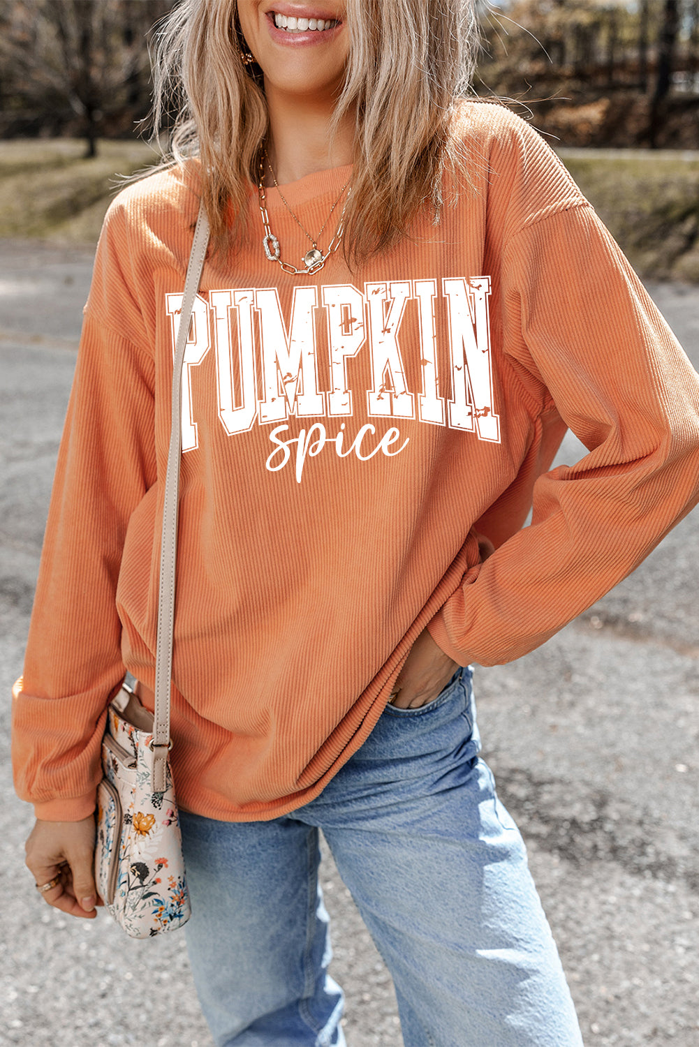 Crinkle Ribbed PUMPKIN Spice Graphic Crewneck Sweatshirt