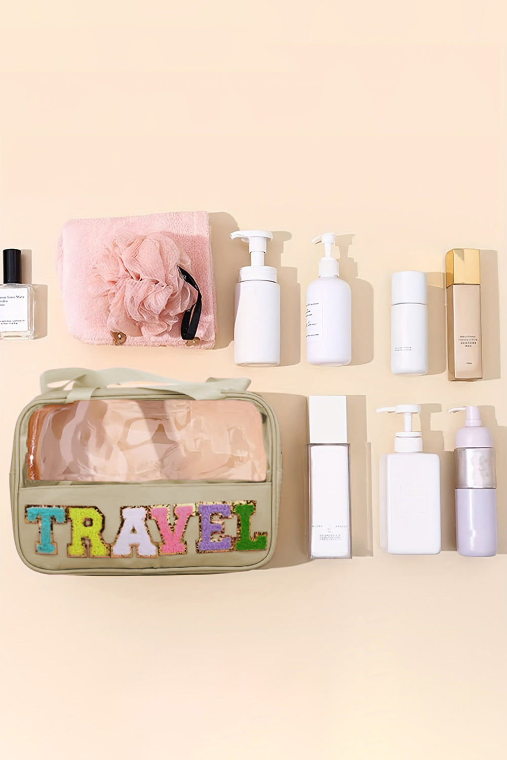 TRAVEL Chenille Letter Clear PVC Makeup Bag