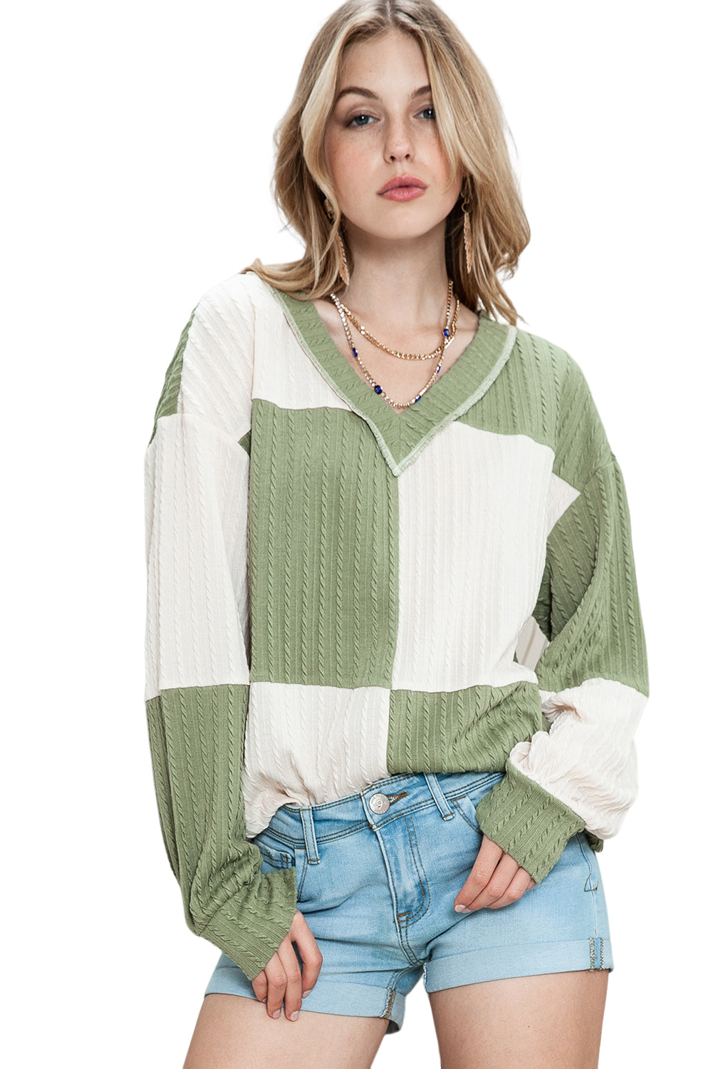 Color Block Textured V Neck Long Sleeve Top