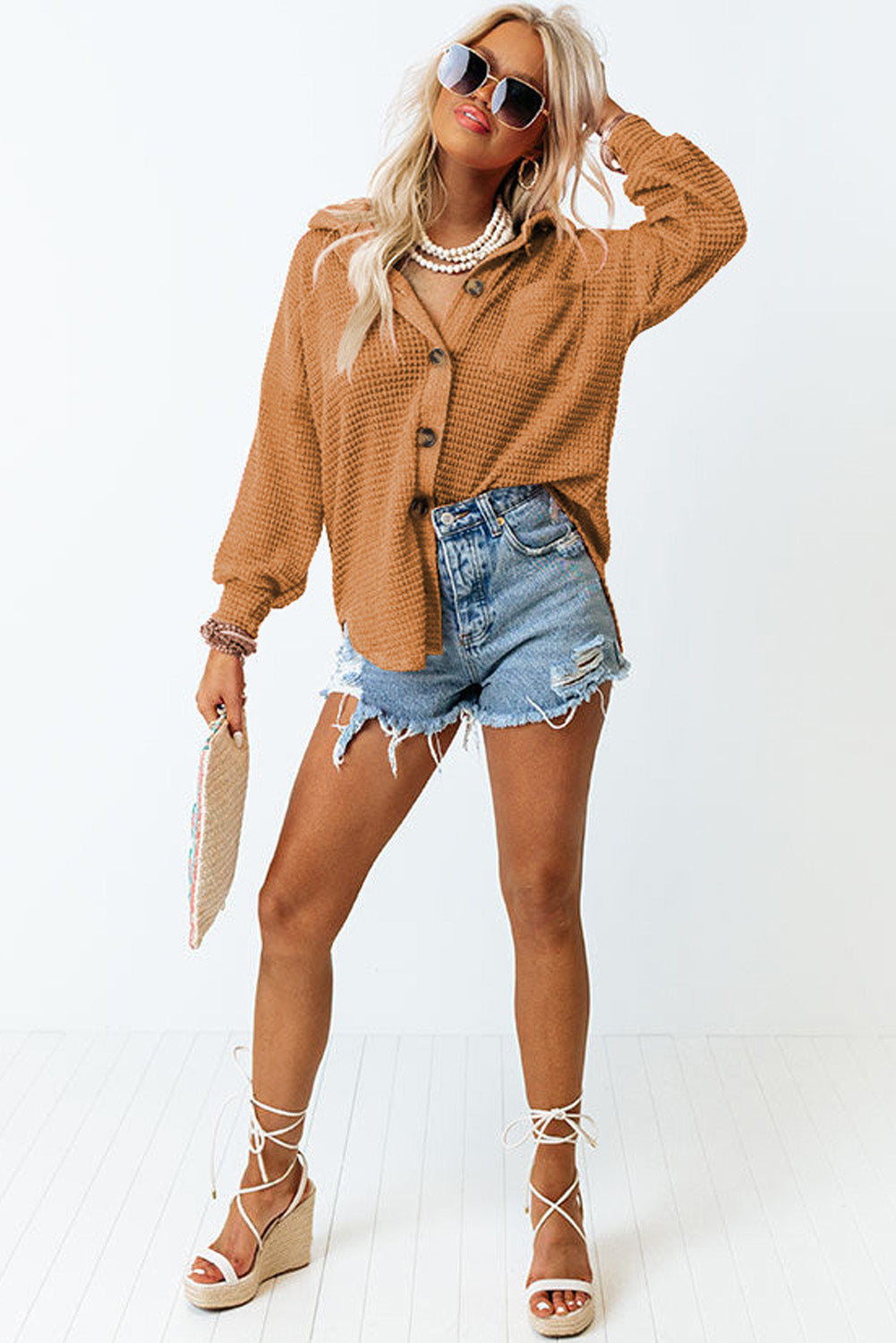 Plus Size Chest Pocket Waffle Knit Shirt