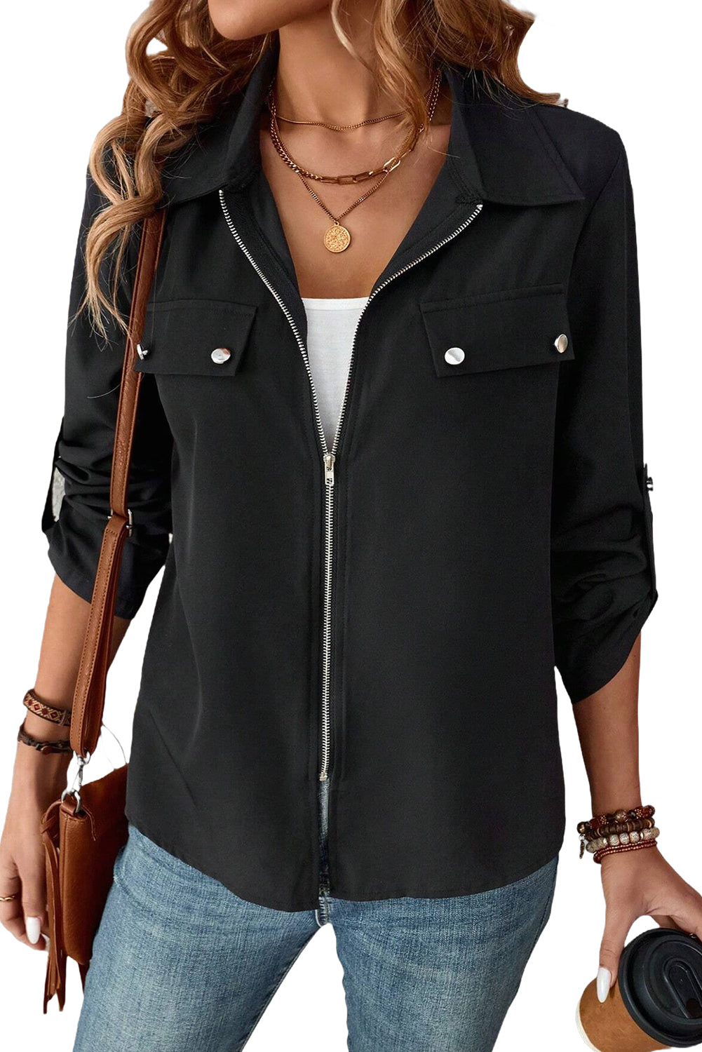 Collar Tab Sleeve Zip Up Jacket