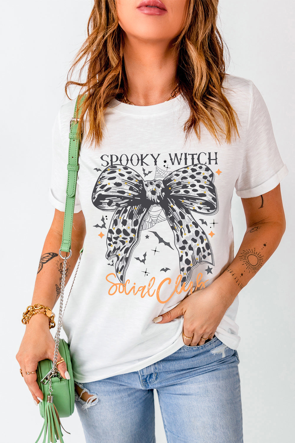 Halloween SPOOKY WITCH Leopard Bowknot Bat GraphicT Shirt