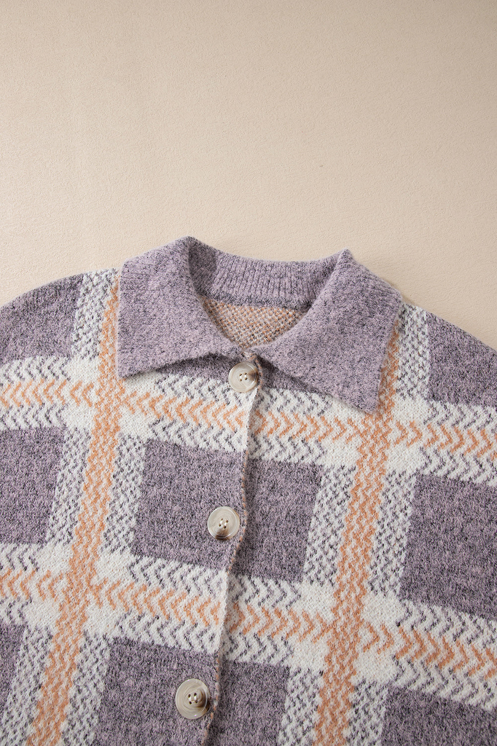 Fuzzy Plaid Collared Button Up Cardigan