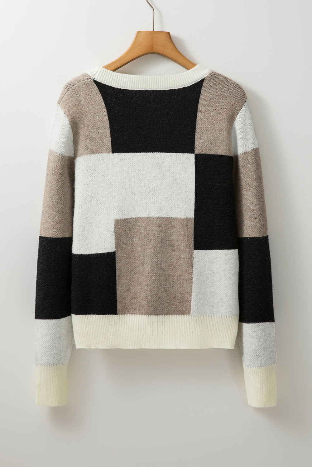 Checkered Colorblock Round Neck Knit Sweater