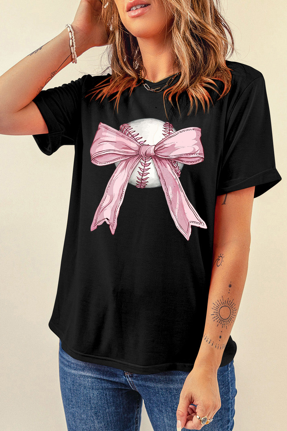 Black Baseball Bow Knot Graphic Crew Neck T Shirt