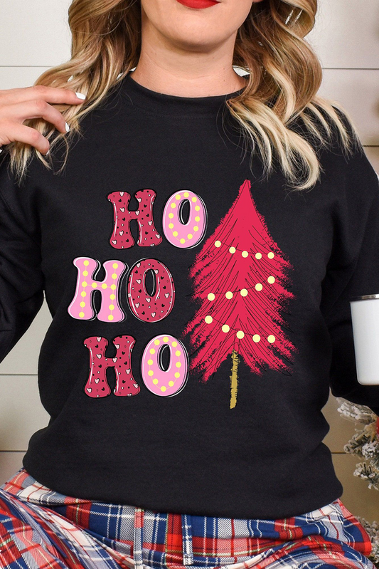 Black HO HO HO Christmas Tree Graphic Pullover Sweatshirt