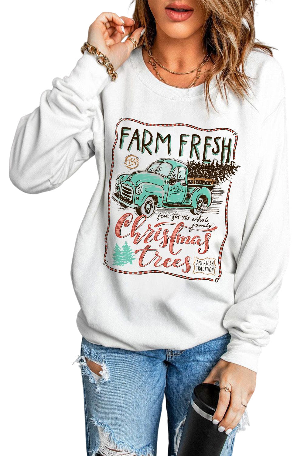 White Christmas Tree Transport Graphic Print Sweatshirt
